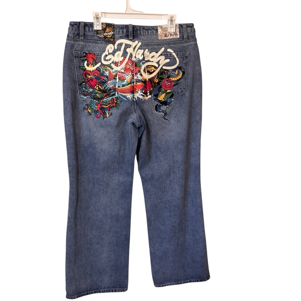 NWT Ed Hardy women's multi-tattoo baggy denim jeans SIZE 34